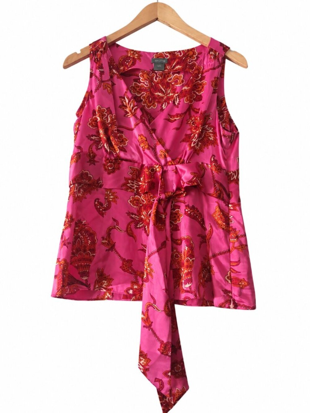 Ann Taylor Pink Floral Paisley 100% Silk Sleeveless Wrap Blouse Tie Waist Boho 6